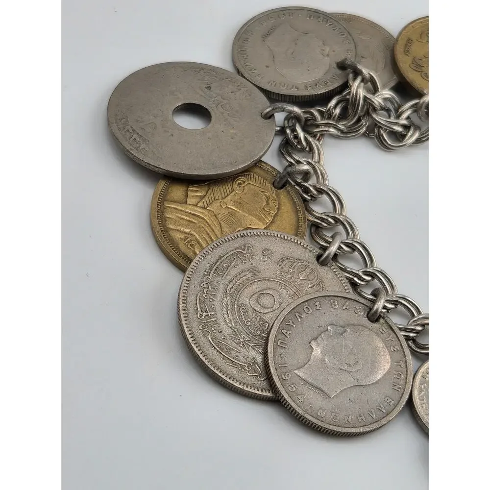 Vintage World Coin Charm Bracelet International Coins Egypt Greece UK 6.75